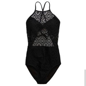 Aerie Women's Crochet One Piece Bathing Swimsuit in Black - small - NWT